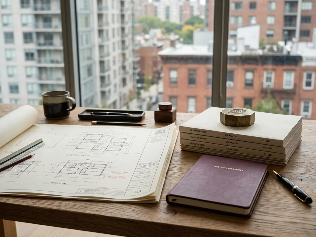 Bureau professionnel avec plans et dossiers immobiliers devant une fenêtre donnant sur des immeubles.