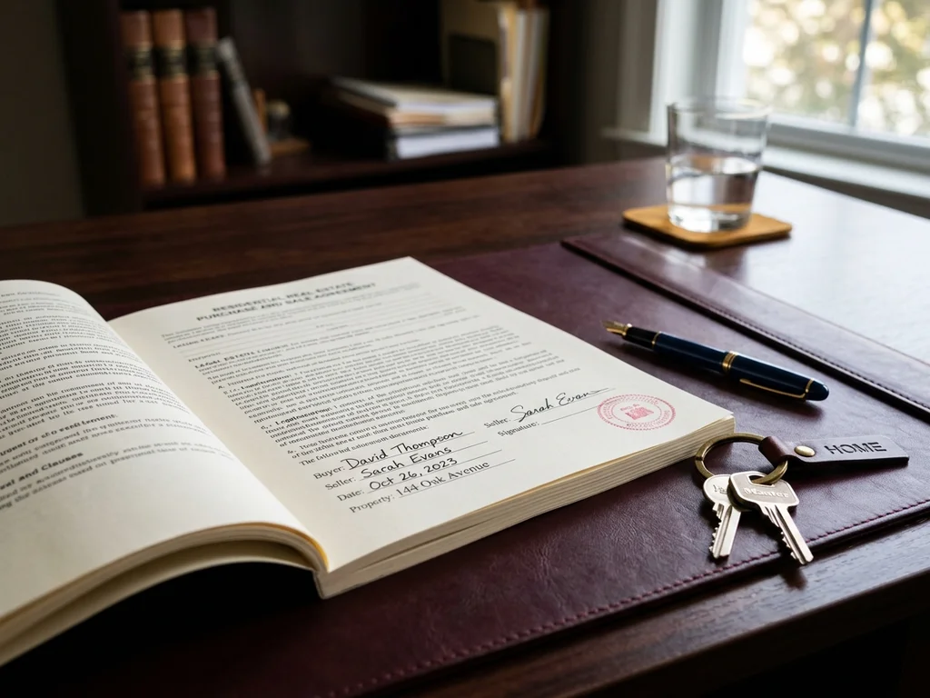 Dossier de contrat immobilier avec cls sur un bureau, illustrant le cadre lgal et administratif.