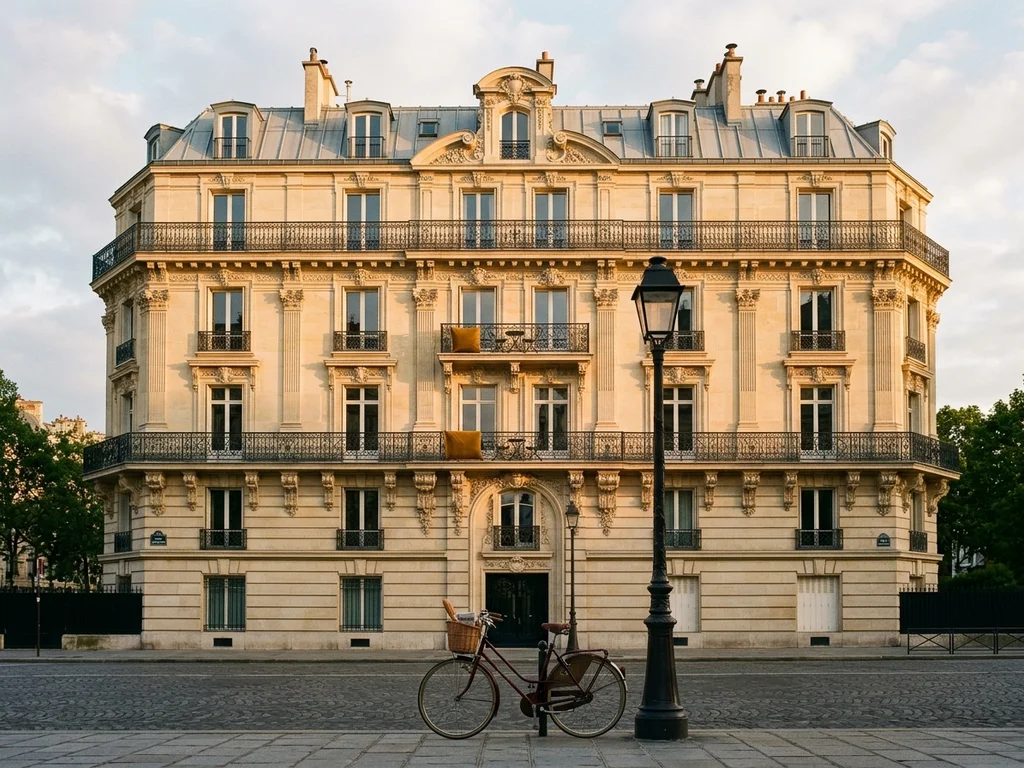 Immeuble haussmannien baigné par la lumière dorée du matin pour illustrer l'immobilier de prestige.