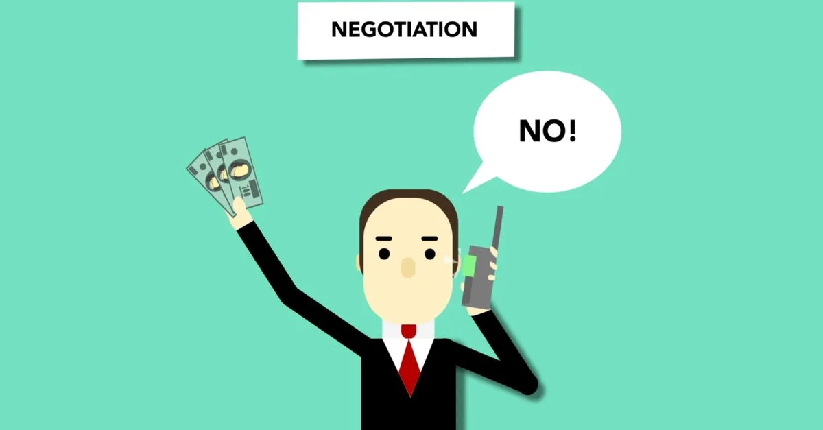 Dessin animé représentant un homme d'affaires refusant une offre lors d'une négociation.