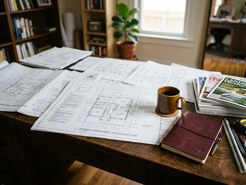 Plans immobiliers et carnet bordeaux sur un bureau en bois baigné de lumière naturelle.
